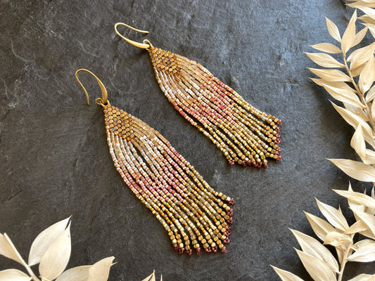 Fringe earrings "Luano" - satin wine red & gold