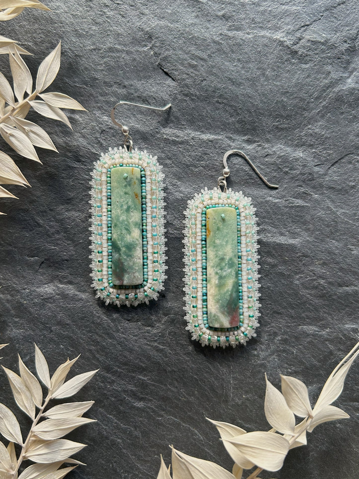 Dangle earrings "Raquel" with green jade - green & white