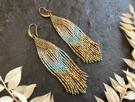 Fringe earrings "Luano" - satin turquoise & gold