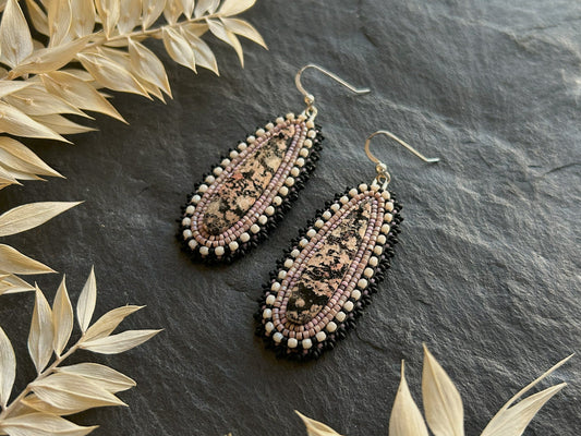 Dangle earrings "Raquel" with snowflake obsidian - beige & black