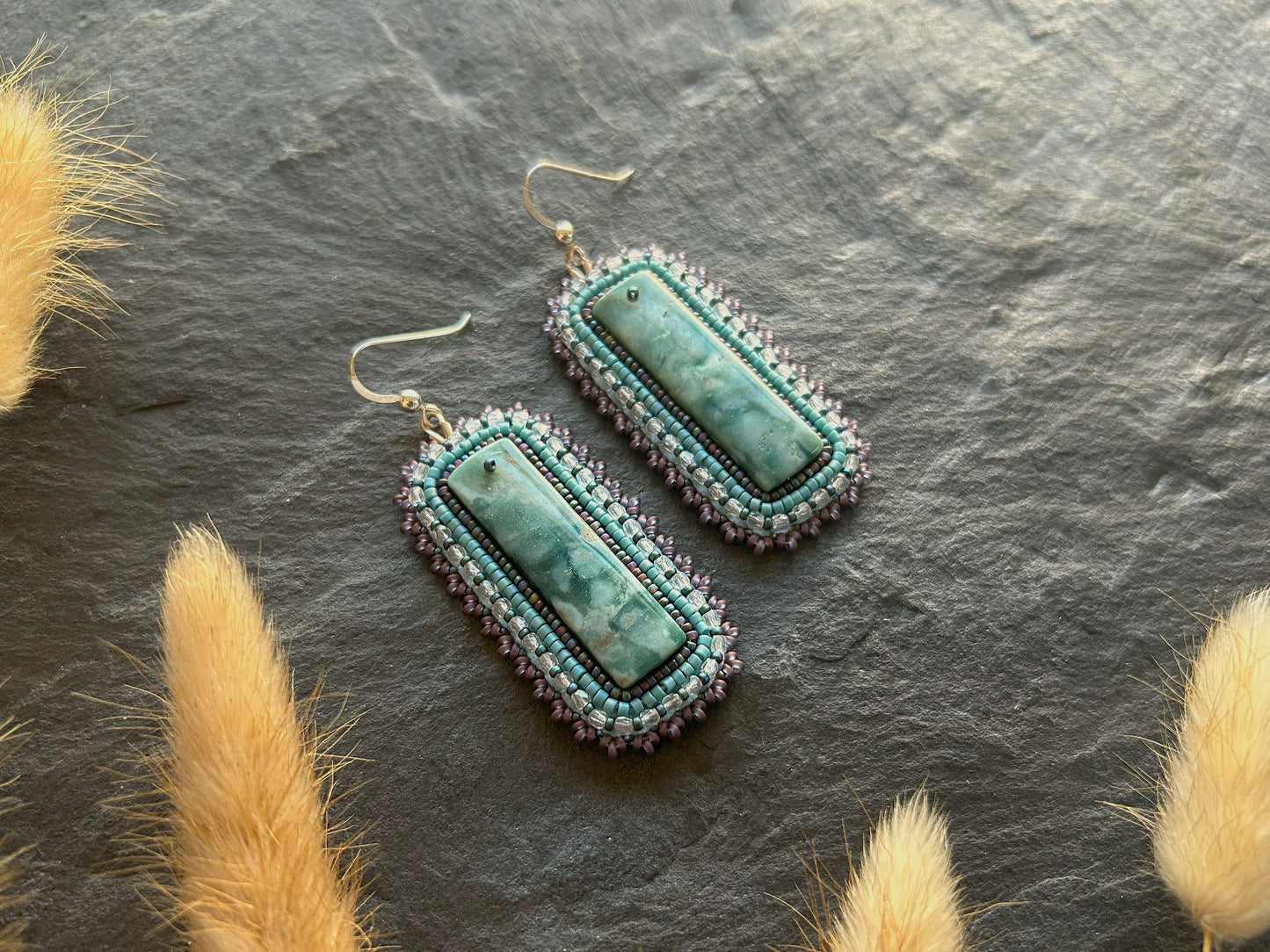 Dangle earrings "Raquel" with green jade - turquoise & purple
