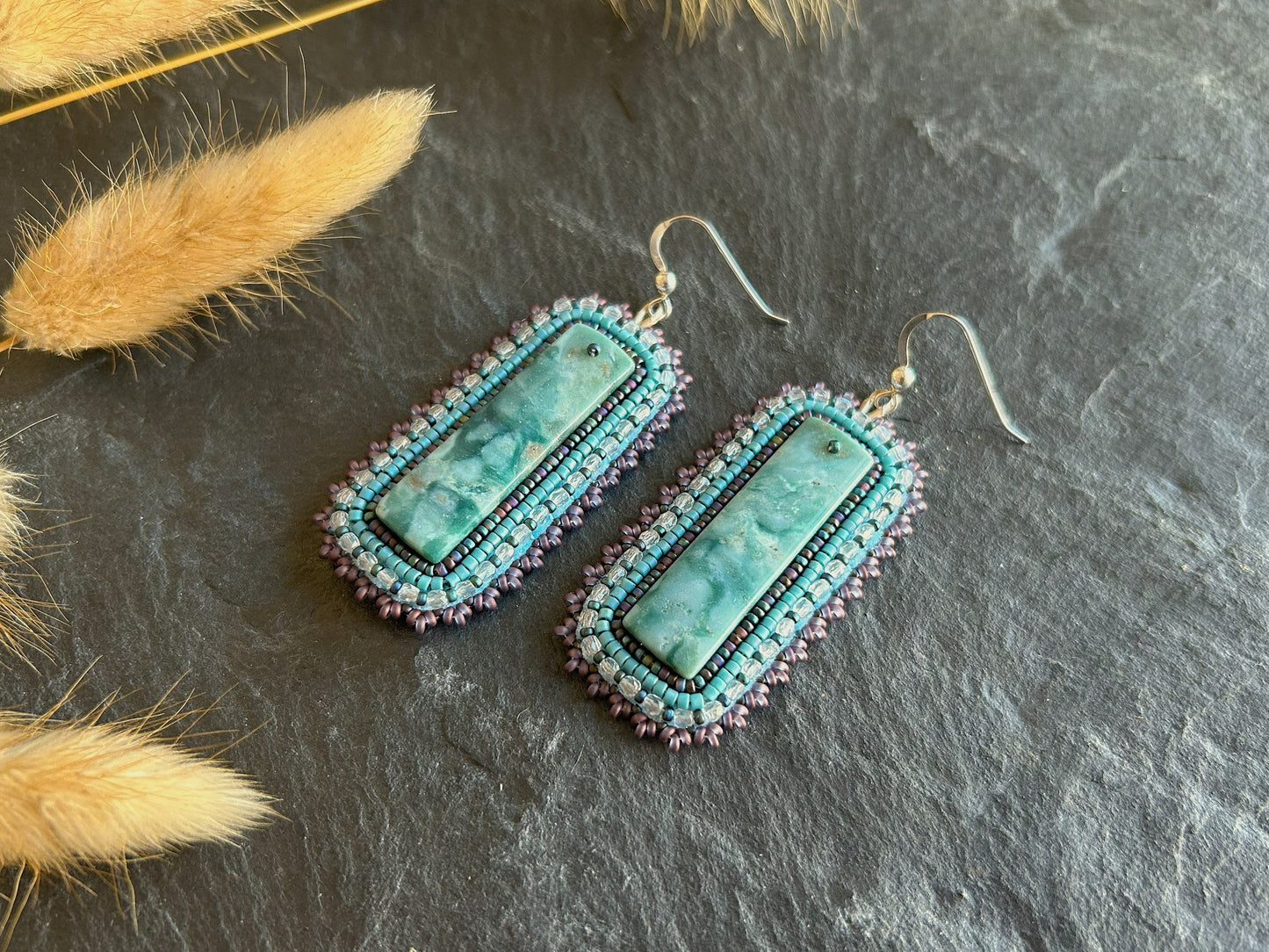 Dangle earrings "Raquel" with green jade - turquoise & purple
