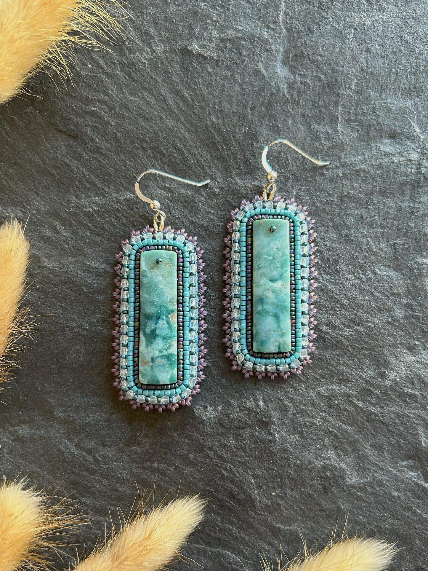 Dangle earrings "Raquel" with green jade - turquoise & purple