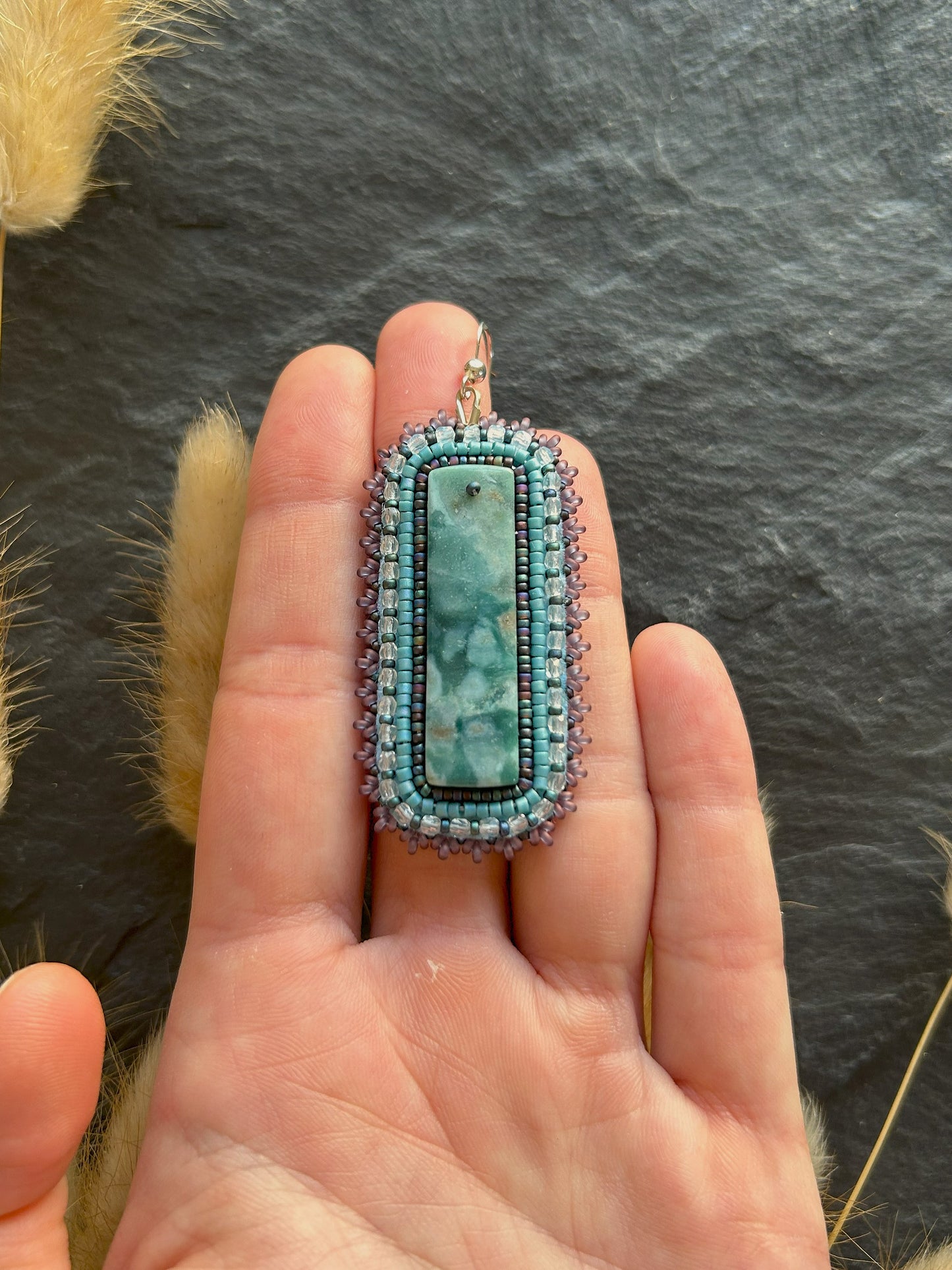 Dangle earrings "Raquel" with green jade - turquoise & purple