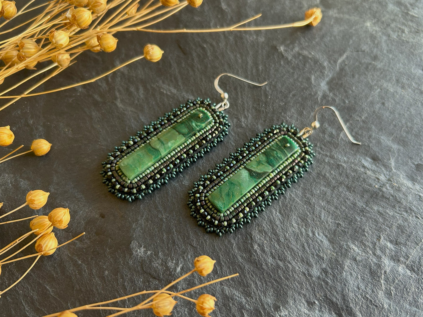 Dangle earrings "Raquel" with African jade - black & green