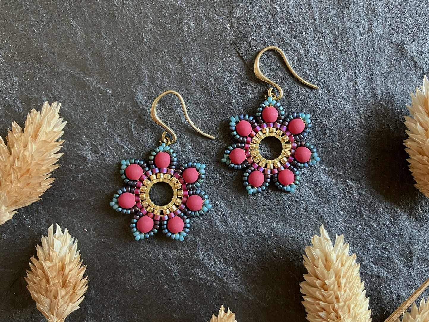 Woven earrings "Girasol" - pink & turquoise