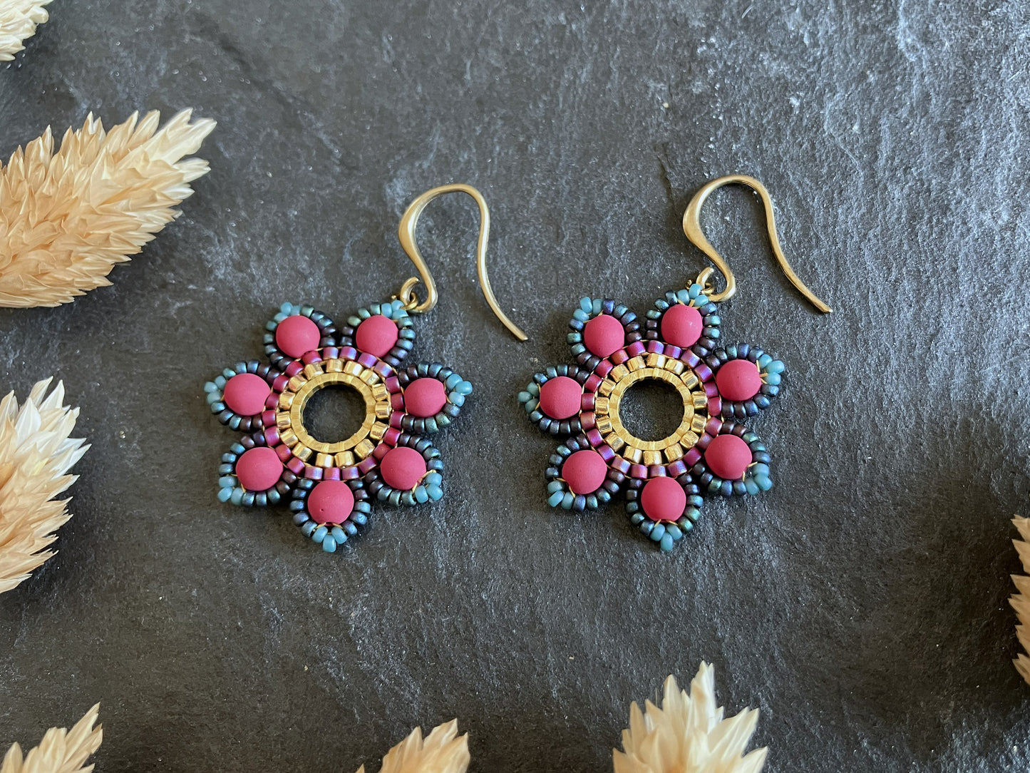 Woven earrings "Girasol" - pink & turquoise