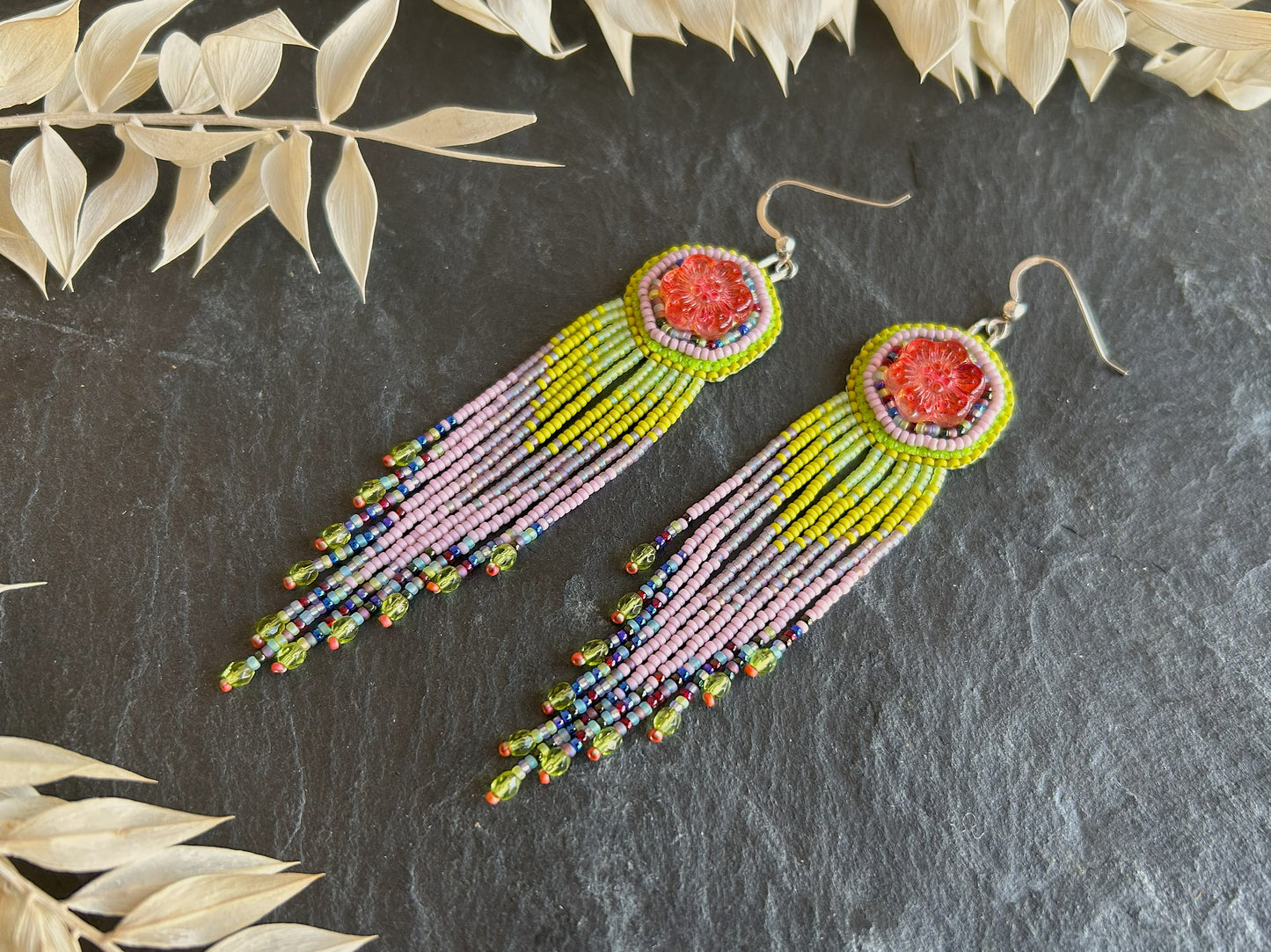 Flower earrings "Radka" with a fine fringe - red, green & lilac