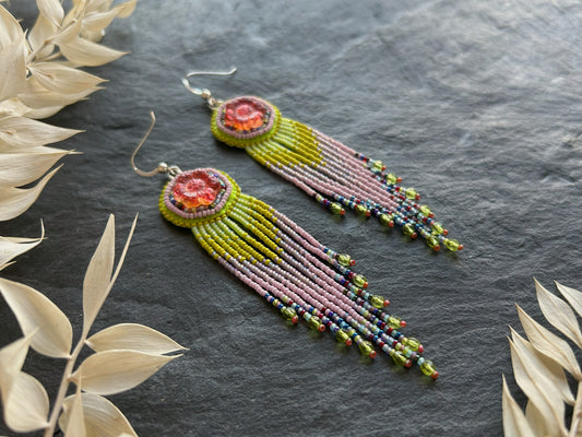 Flower earrings "Radka" with a fine fringe - red, green & lilac