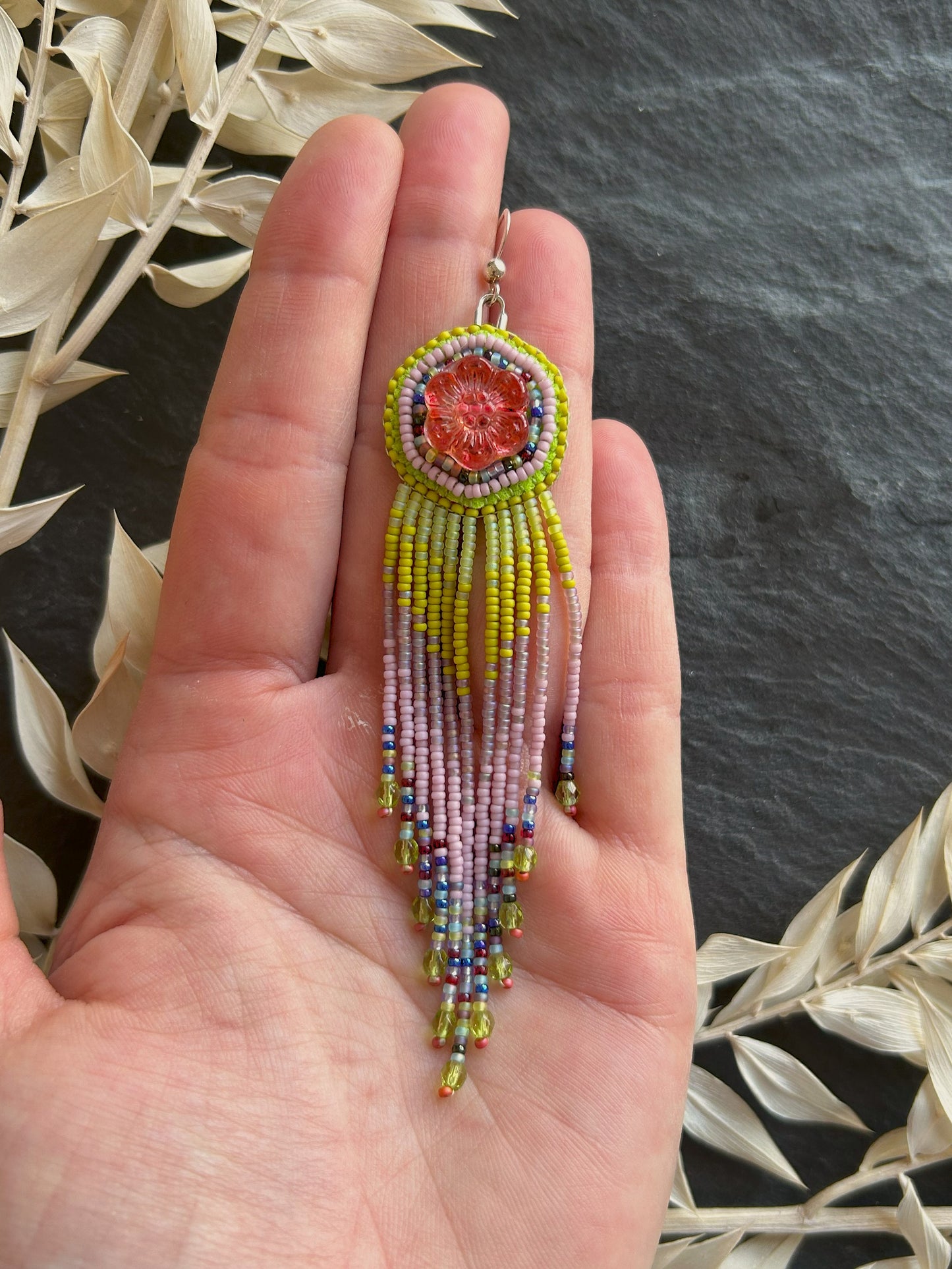 Flower earrings "Radka" with a fine fringe - red, green & lilac