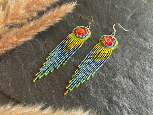 Flower earrings "Radka" with a fine fringe - red, green & blue