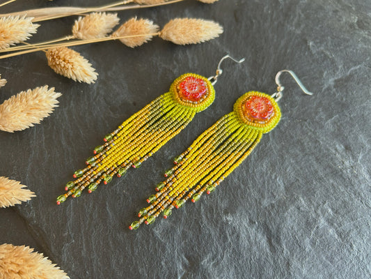 Flower earrings "Radka" with a fine fringe - red, green & yellow