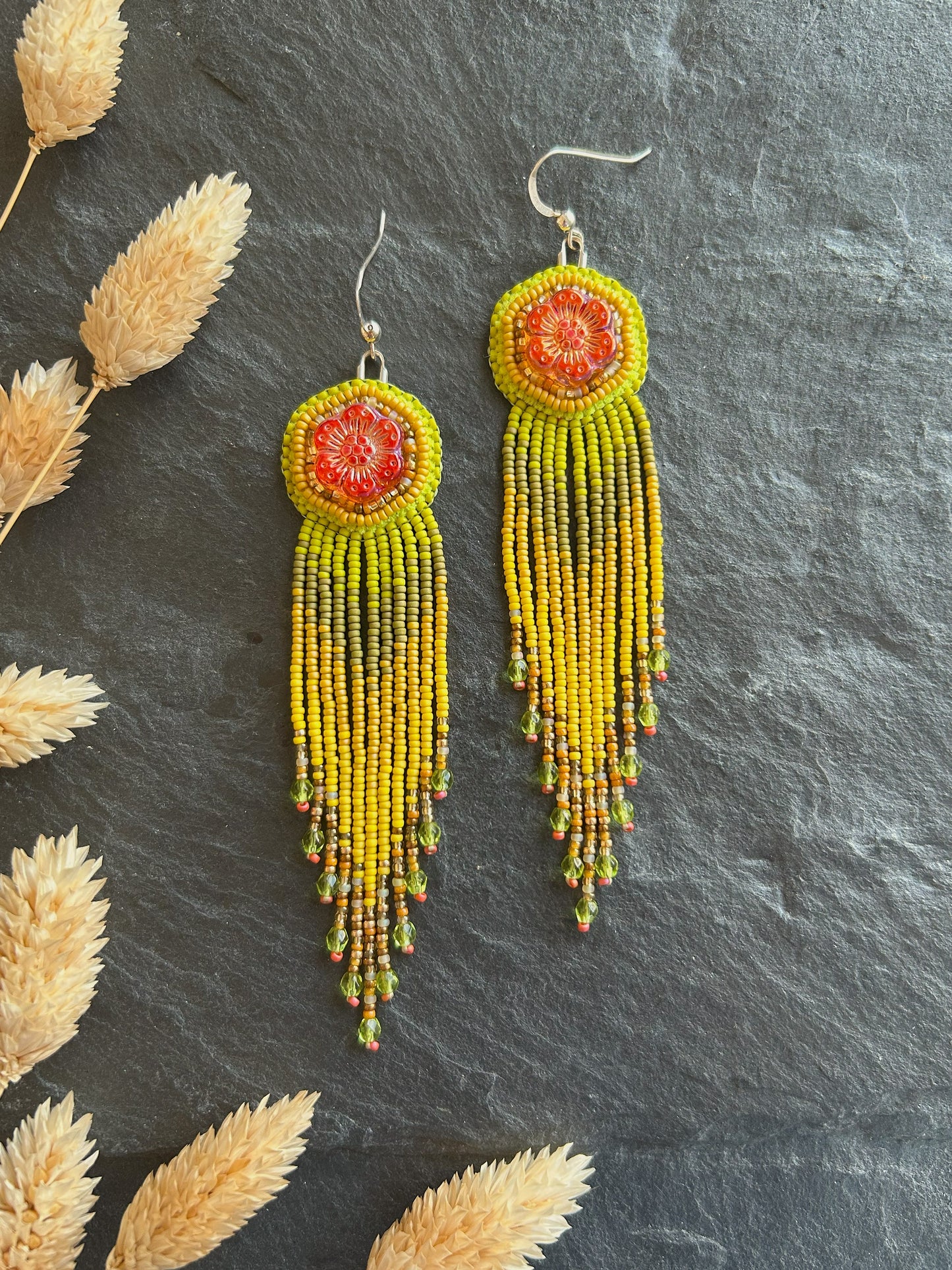 Flower earrings "Radka" with a fine fringe - red, green & yellow