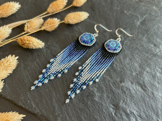 Flower earrings "Radka" with a fine fringe - black & dark blue