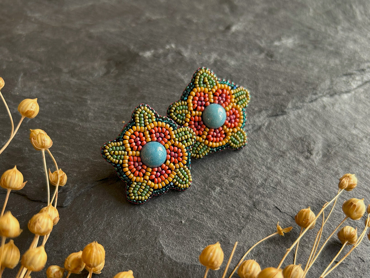 Bead embroidered flower earrings "Amalthea" - turquoise & red