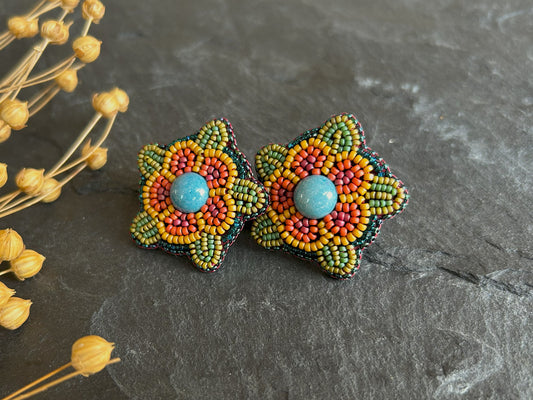 Bead embroidered flower earrings "Amalthea" - turquoise & red