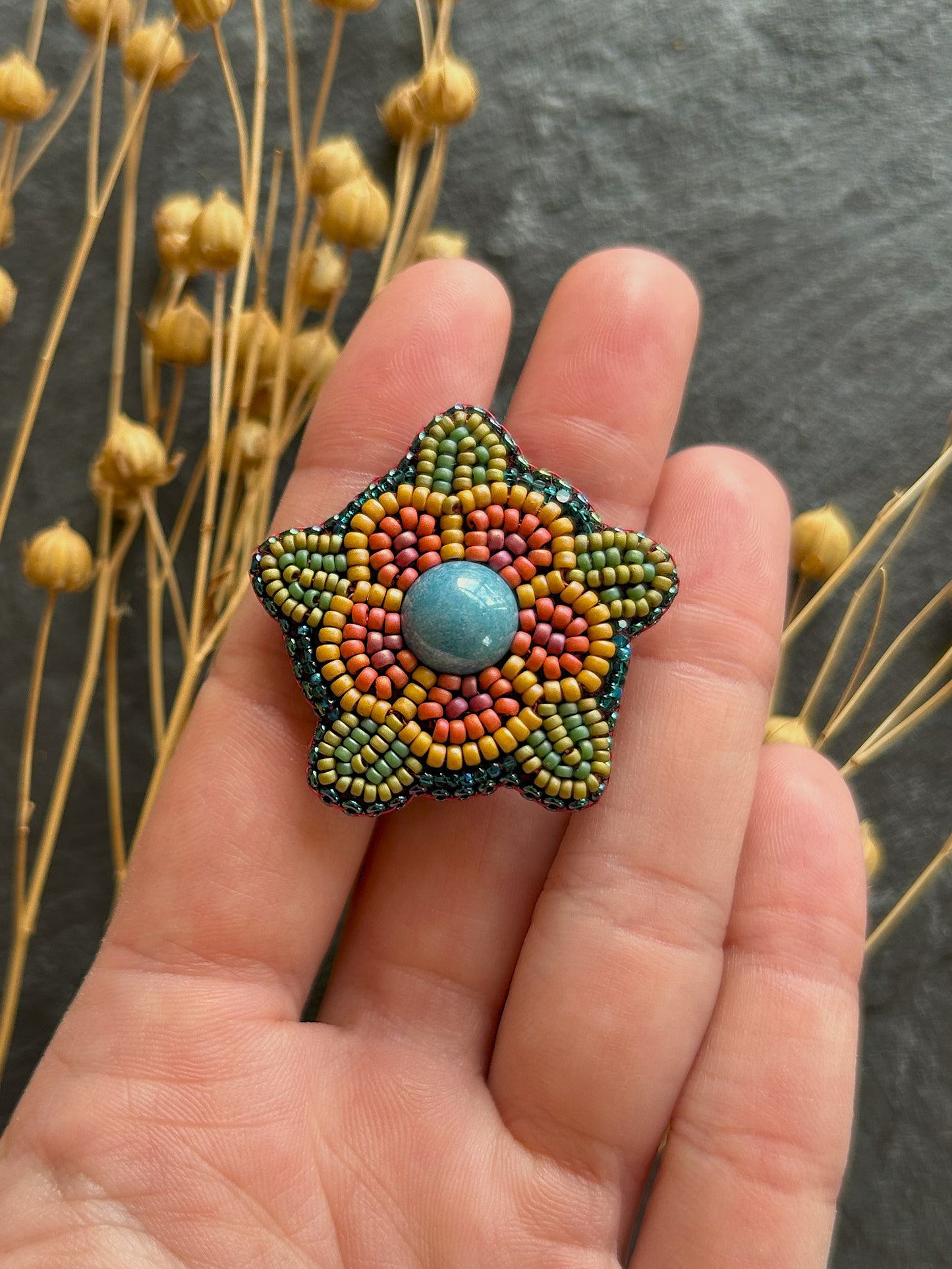 Bead embroidered flower earrings "Amalthea" - turquoise & red