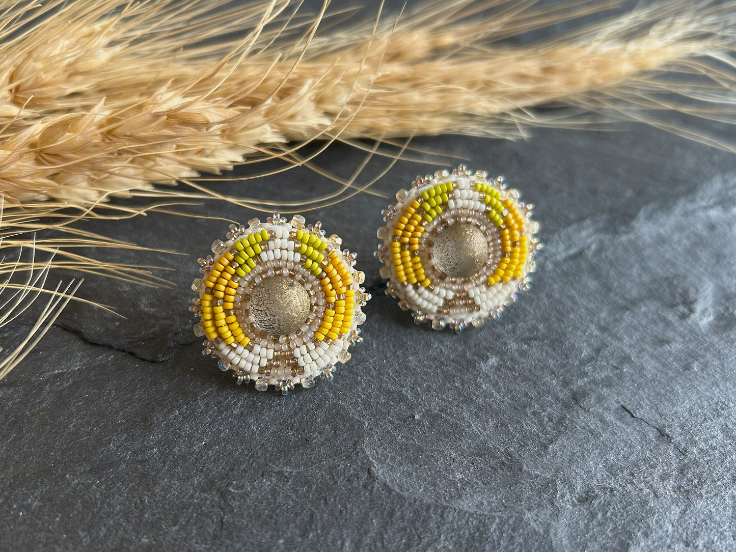 Small disk earrings "Odena" - beige & yellow