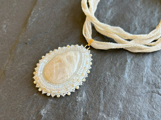 Moonstone necklace pendant with mother of pearl beads