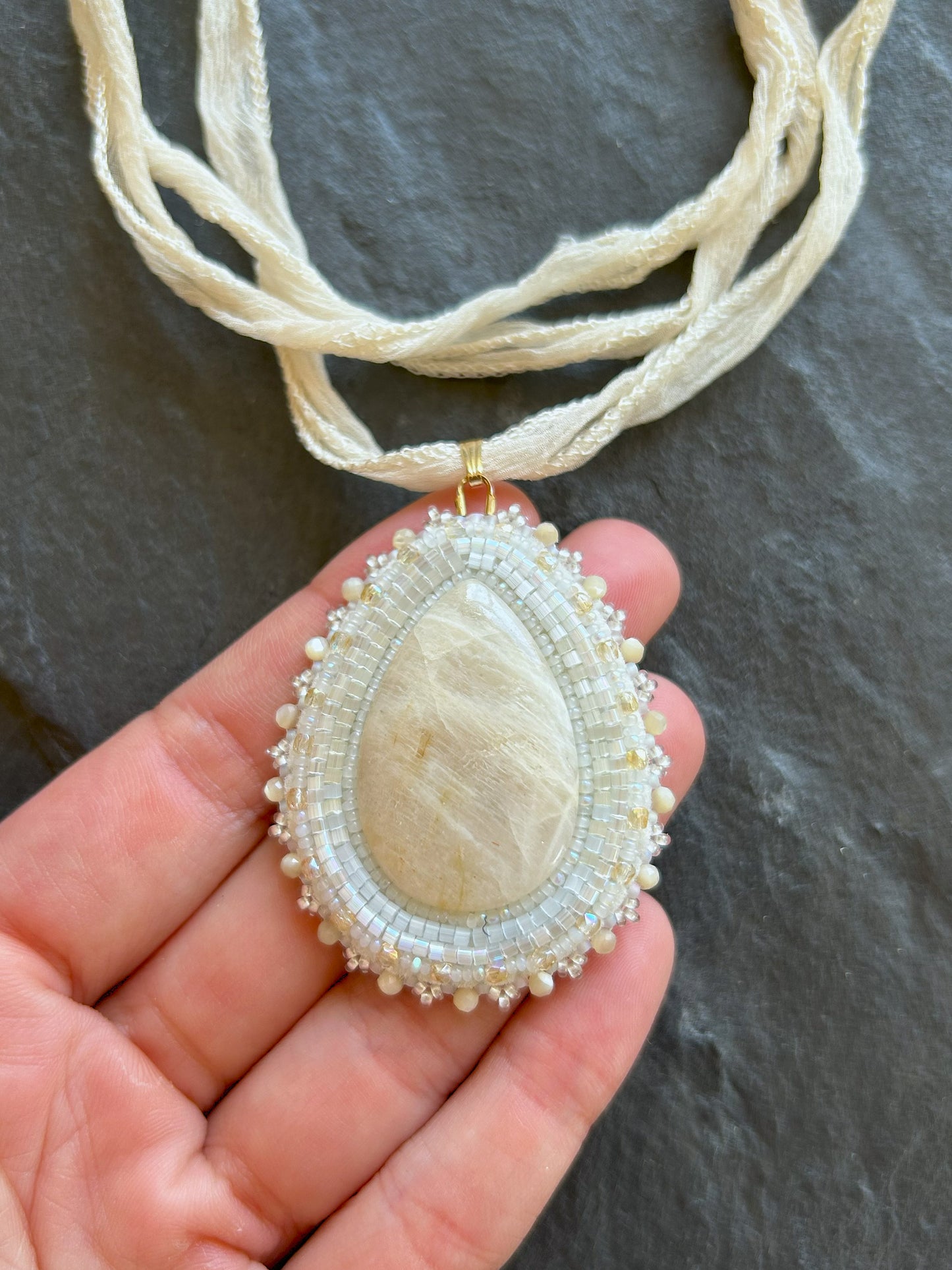 Moonstone necklace pendant with mother of pearl beads