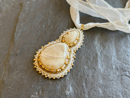 Statement moonstone necklace pendant with premium glass beads