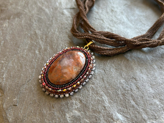Brecciated jasper necklace pendant with iolite beads