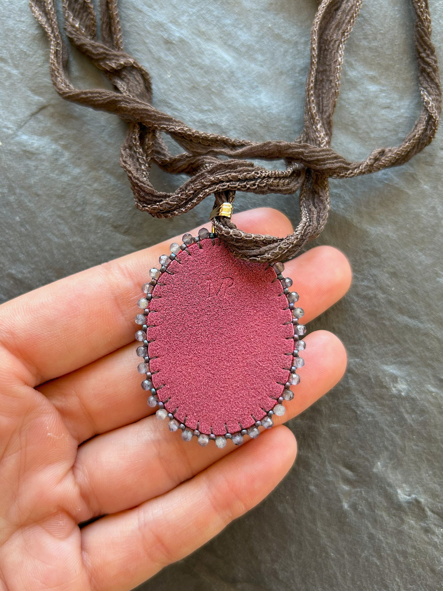 Brecciated jasper necklace pendant with iolite beads