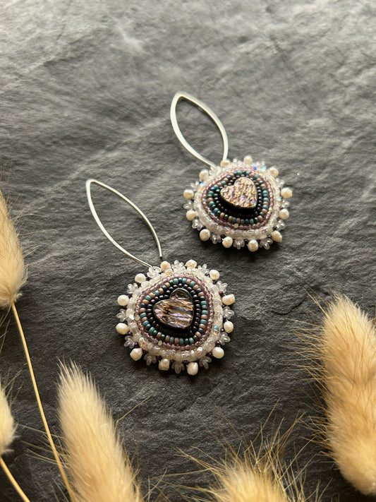 Dangle earrings "Melody" with abalone shell - lilac & love heart