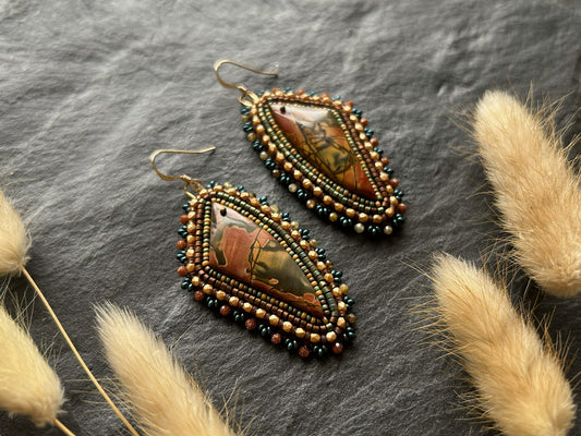 Dangle earrings "Raquel" with jasper - gold & auburn