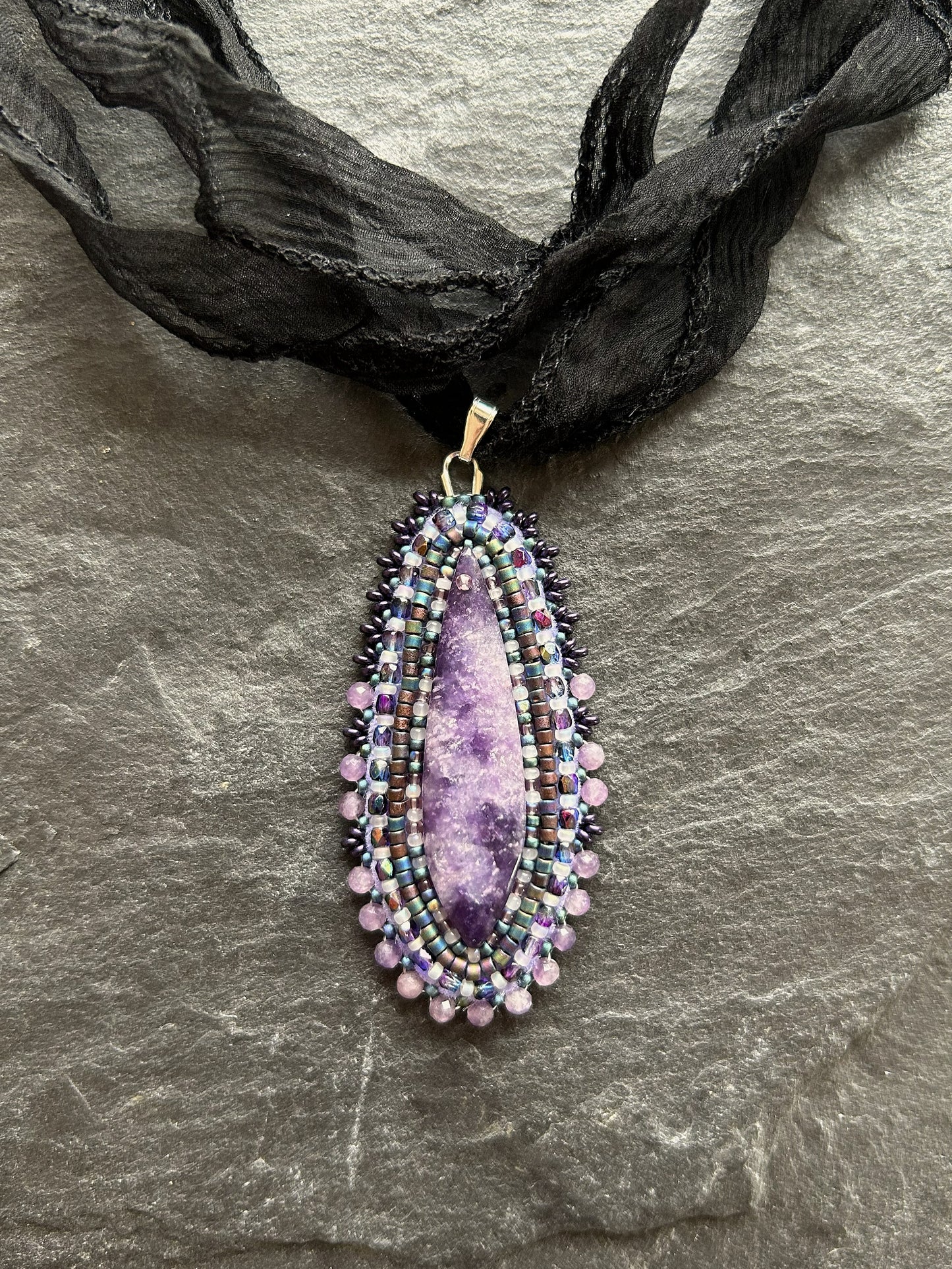 Lepidolite necklace pendant with faceted fire-polished glass beads