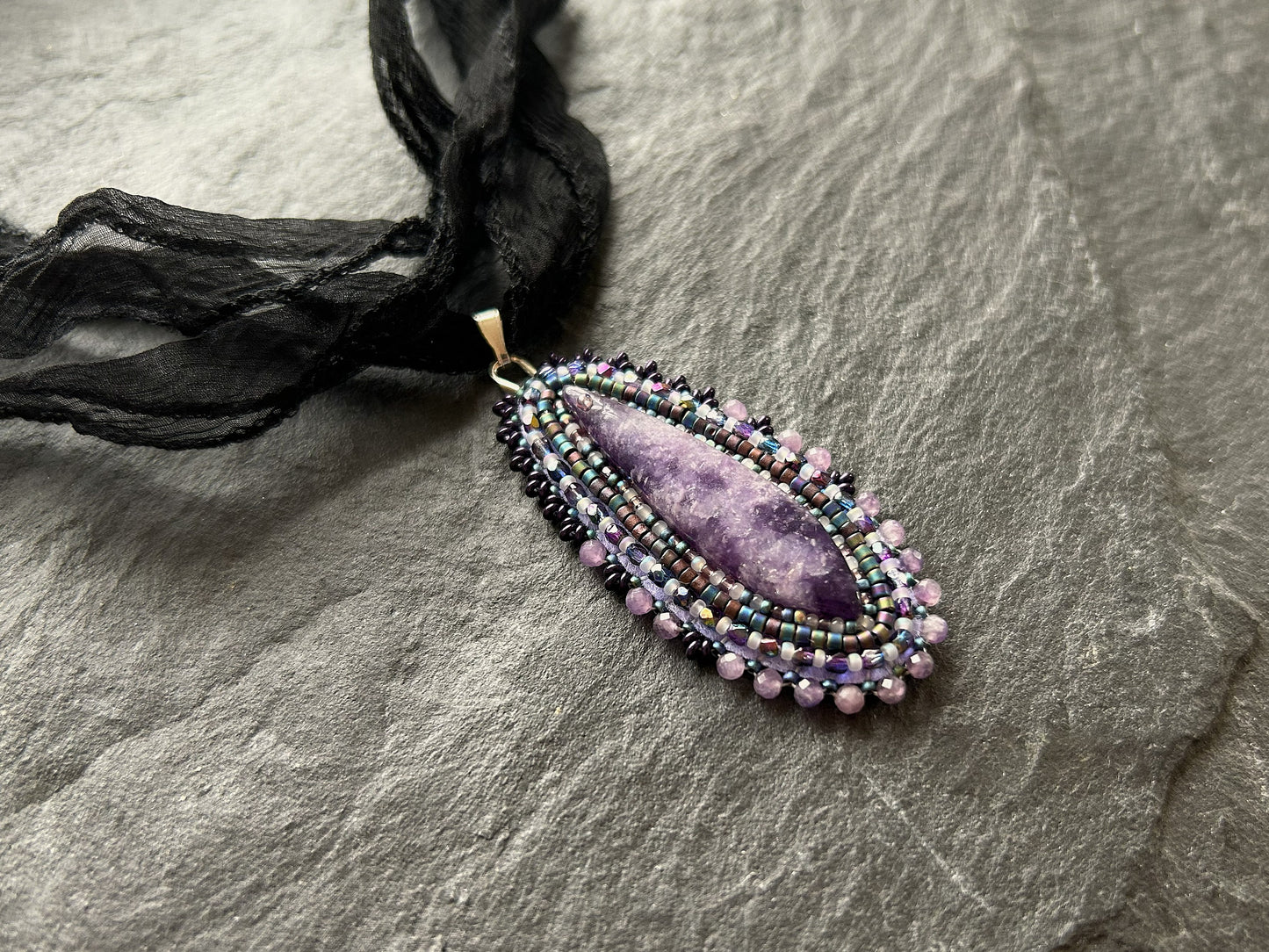 Lepidolite necklace pendant with faceted fire-polished glass beads