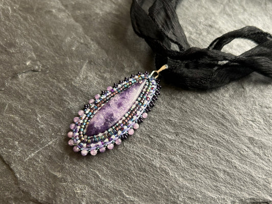 Lepidolite necklace pendant with faceted fire-polished glass beads