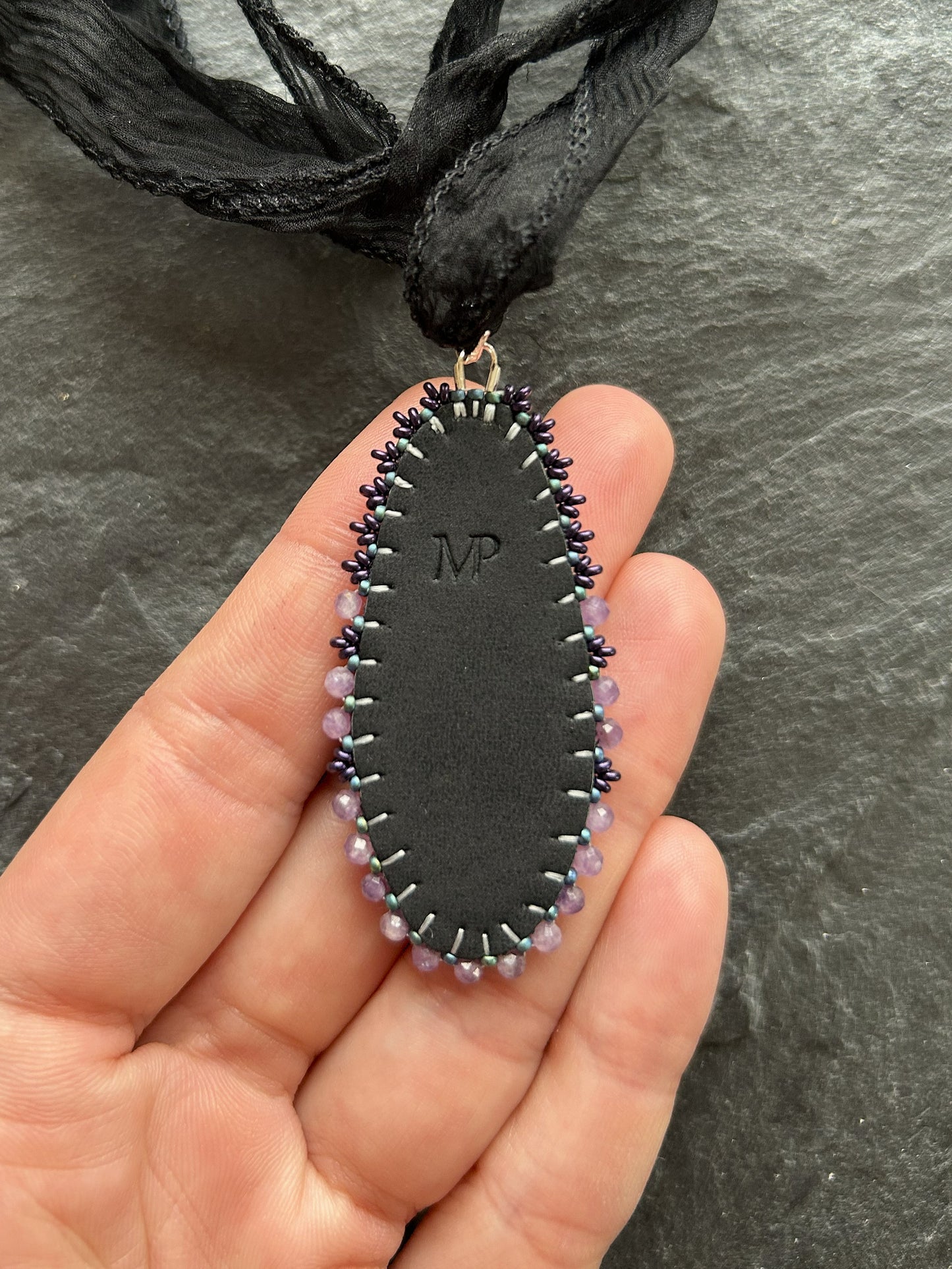 Lepidolite necklace pendant with faceted fire-polished glass beads