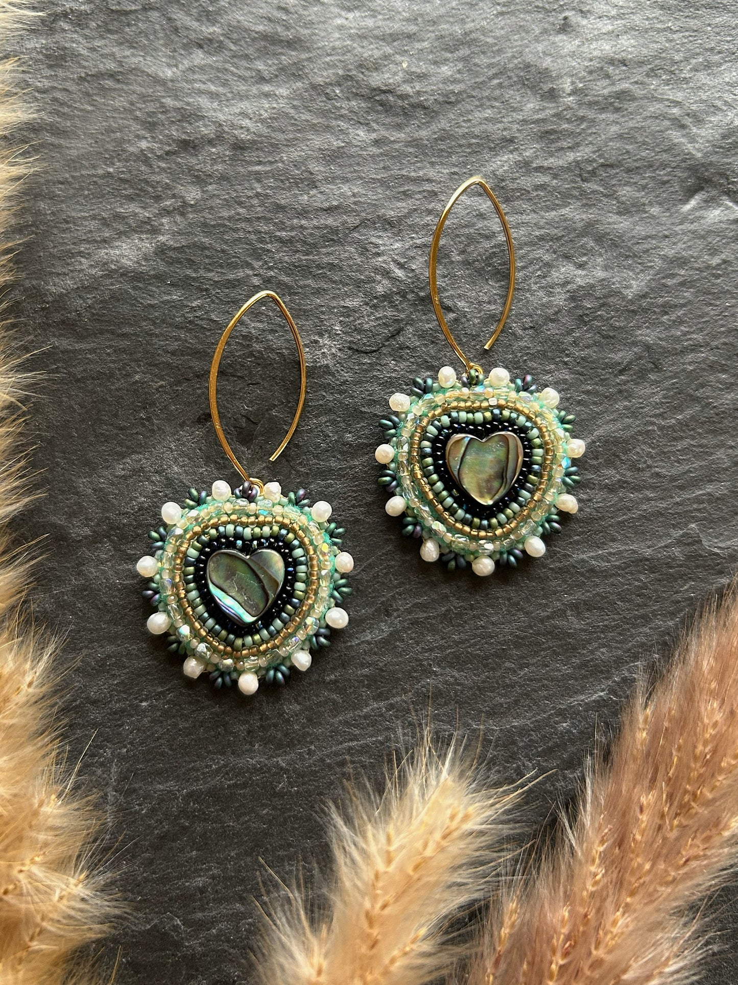 Dangle earrings "Melody" with abalone shell - dark turquoise & love heart