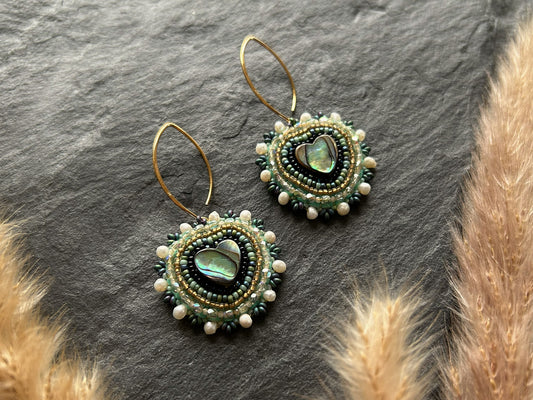 Dangle earrings "Melody" with abalone shell - dark turquoise & love heart