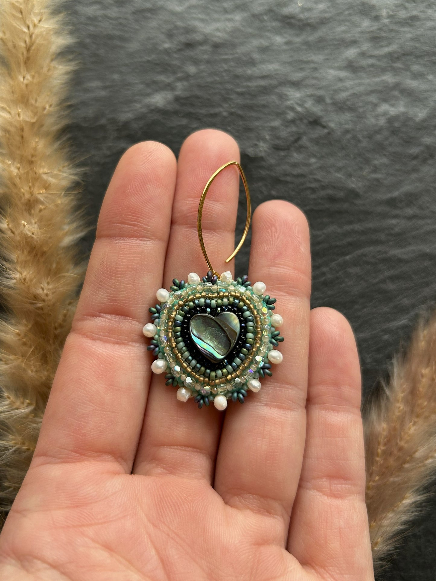 Dangle earrings "Melody" with abalone shell - dark turquoise & love heart