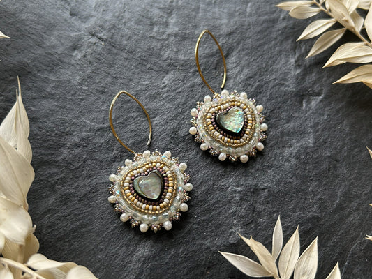 Dangle earrings "Melody" with abalone shell - pastel gold & love heart