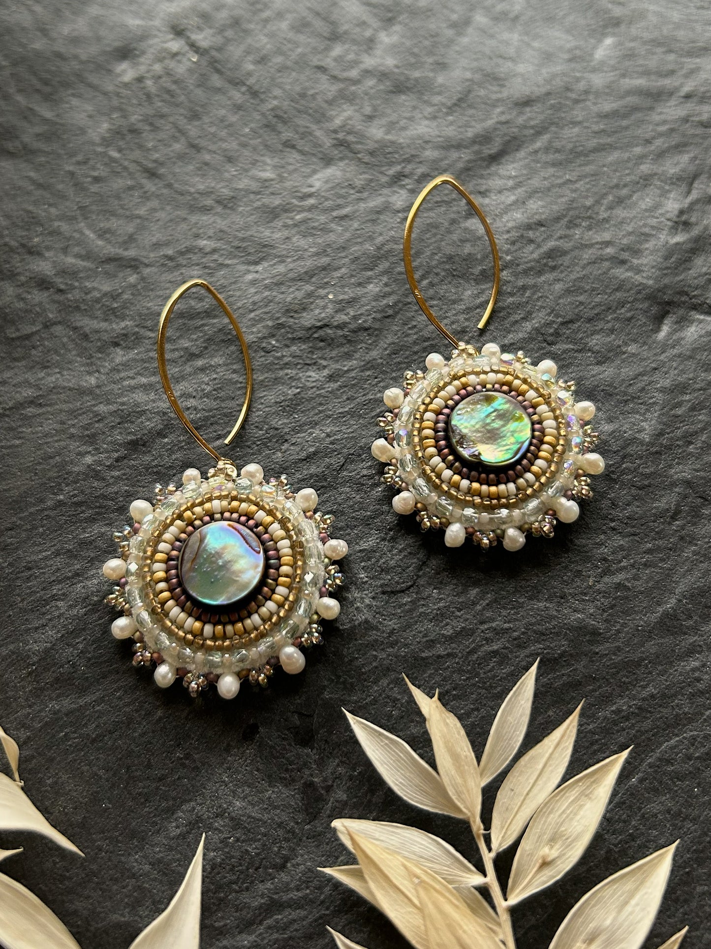 Dangle earrings "Melody" with abalone shell - pastel gold