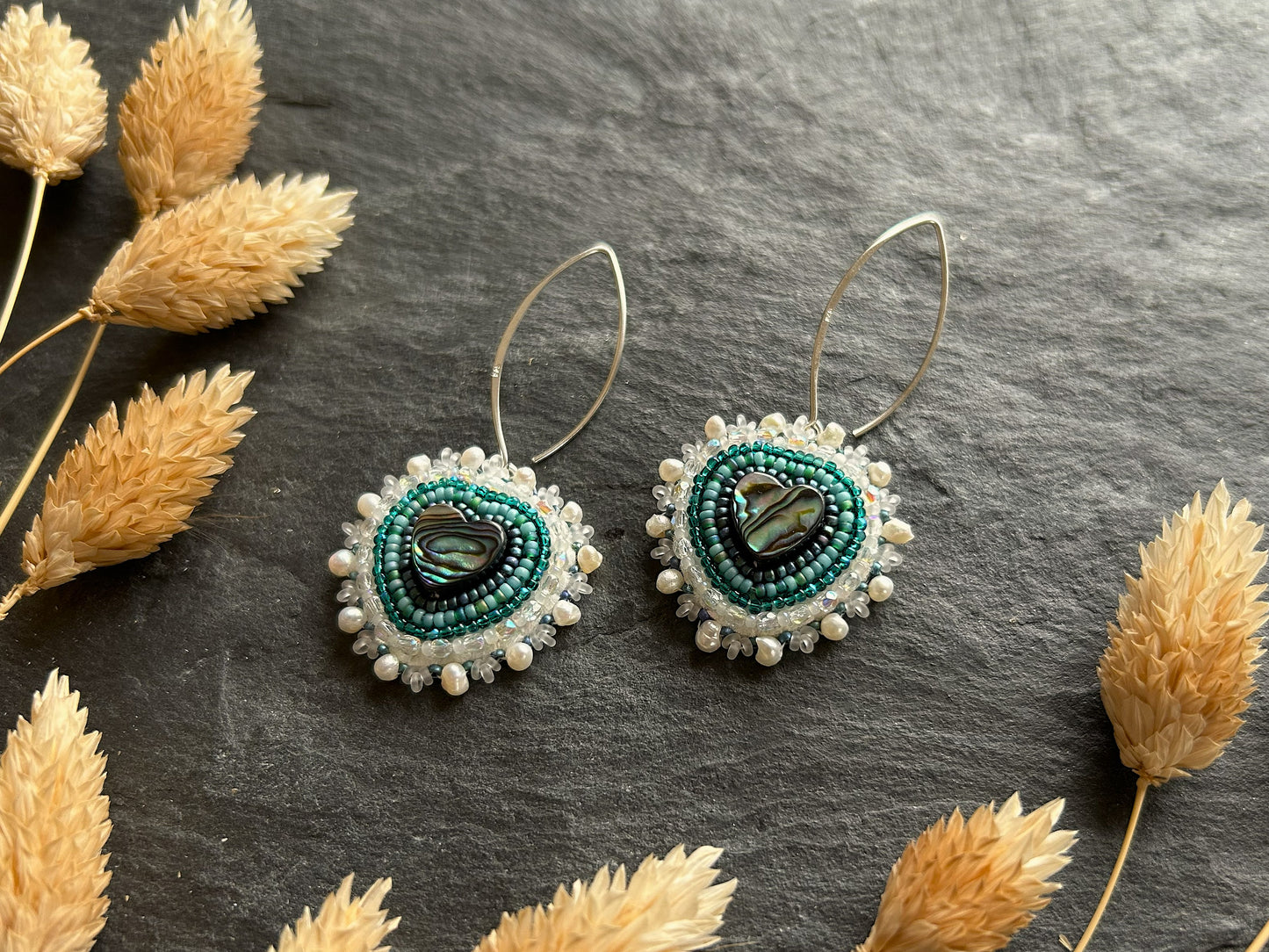 Dangle earrings "Melody" with abalone shell - vibrant turquoise & love heart