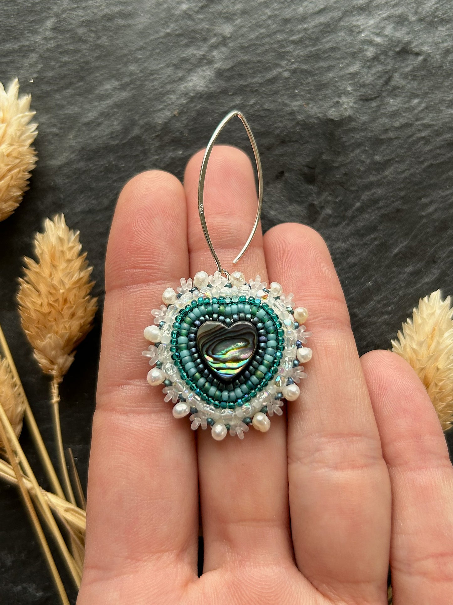 Dangle earrings "Melody" with abalone shell - vibrant turquoise & love heart