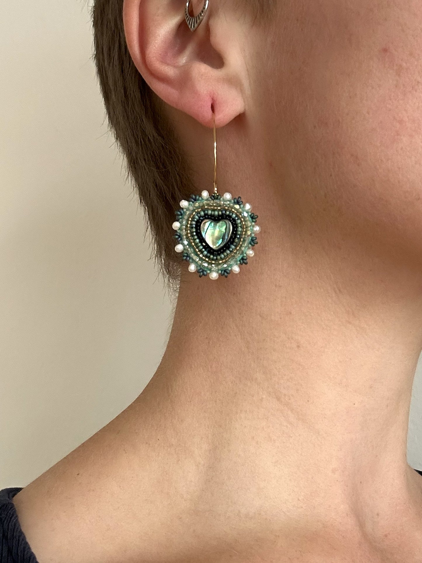 Dangle earrings "Melody" with abalone shell - dark turquoise & love heart