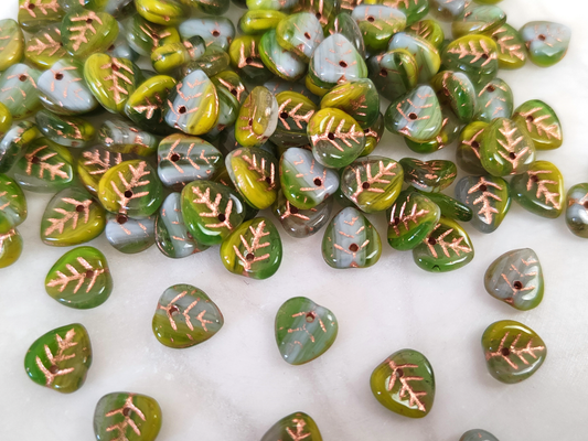 Linden leaf beads 9mm - green, grey & copper