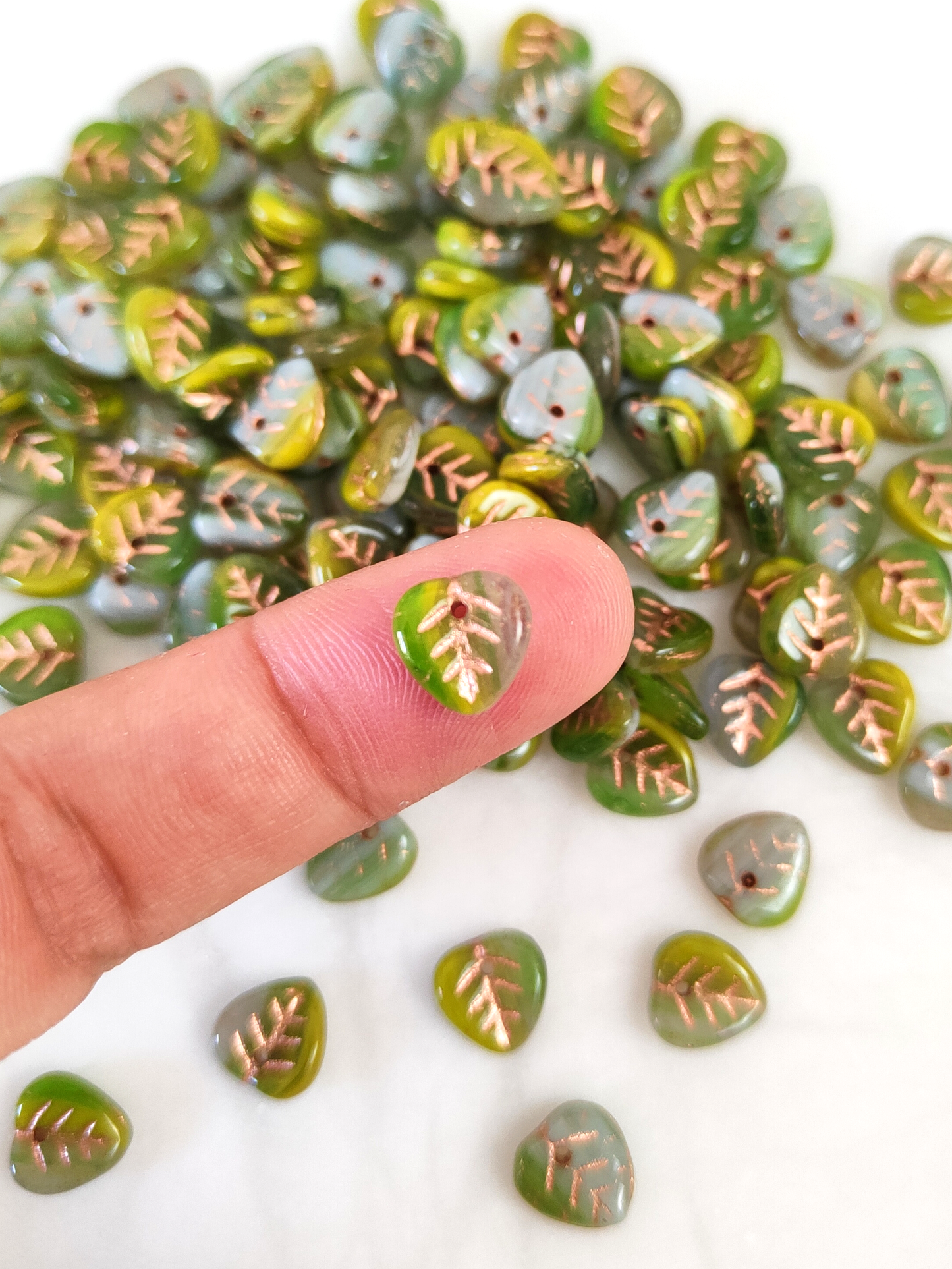 Linden leaf beads 9mm - green, grey & copper