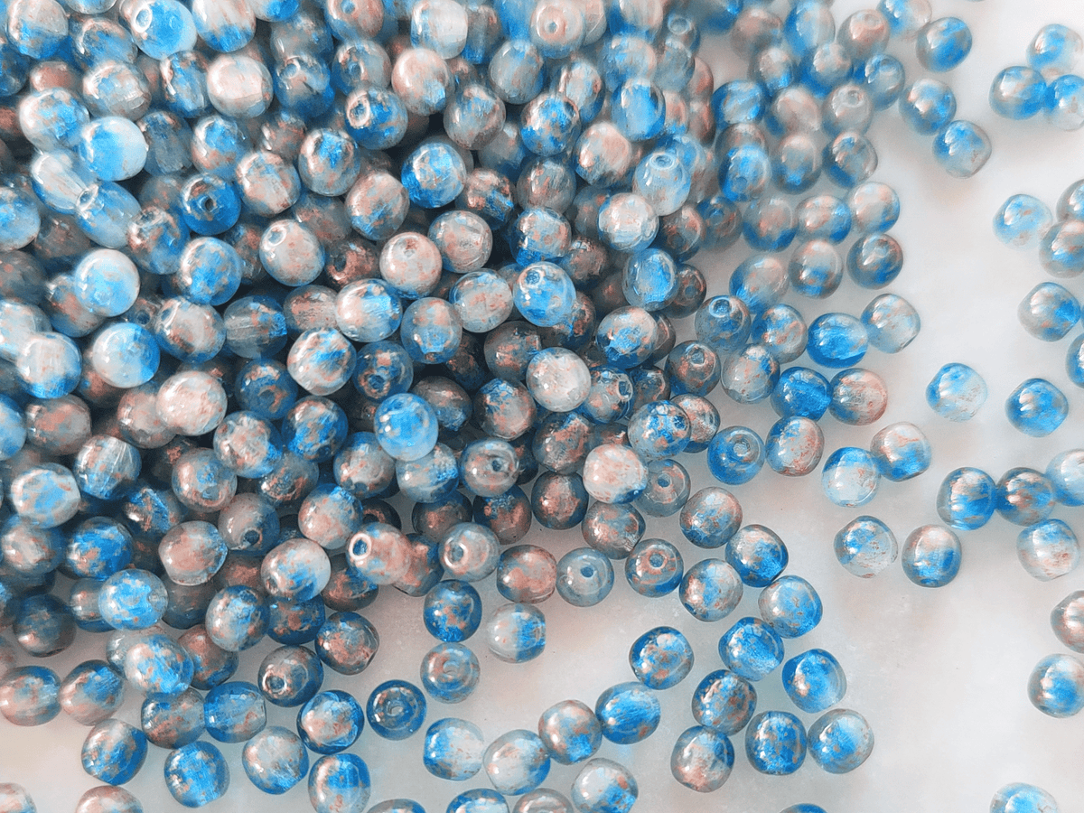 4mm runde Perlen - Weiß, Blau & Kupfer