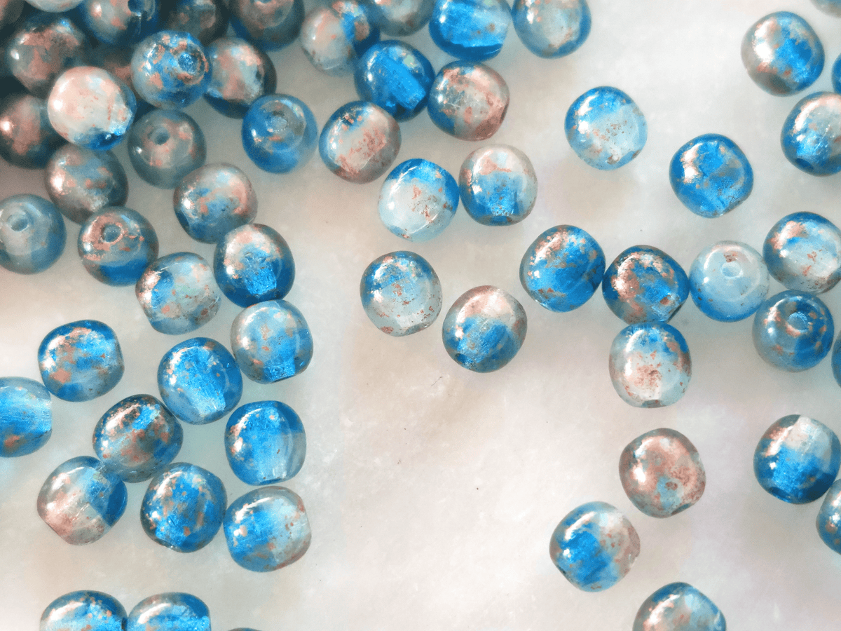 4mm runde Perlen - Weiß, Blau & Kupfer