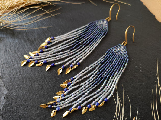 Fringe earrings "Faunus" with tribal-inspired design - denim blue