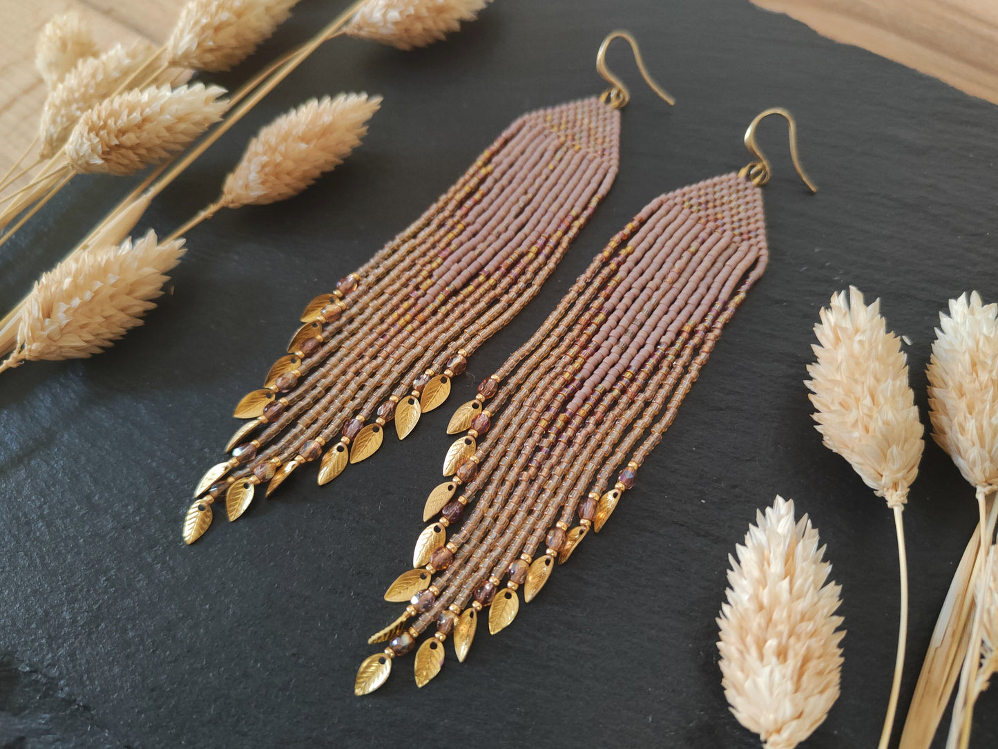 Fringe earrings "Faunus" with tribal-inspired design - muted purple
