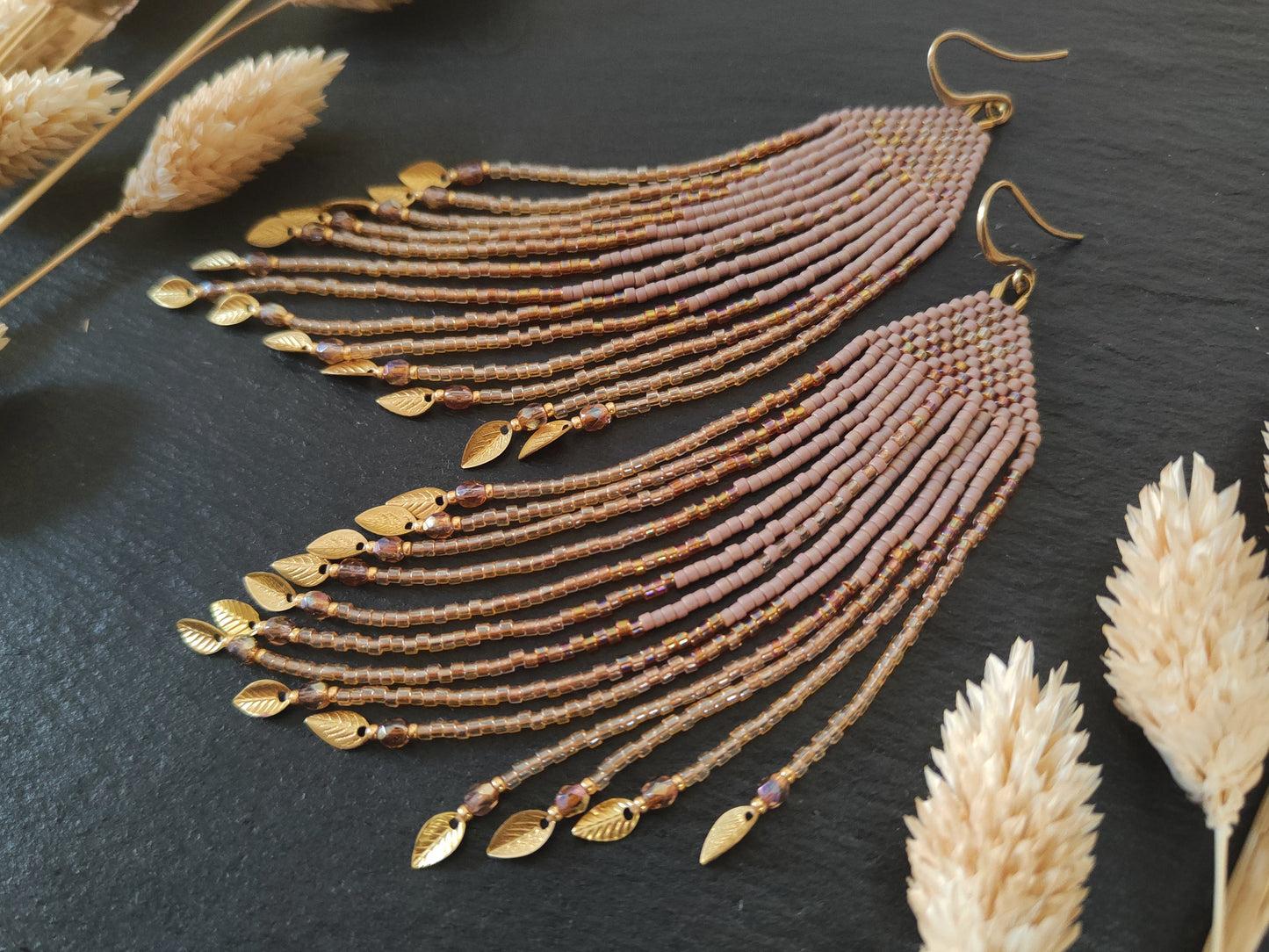 Fringe earrings "Faunus" with tribal-inspired design - muted purple