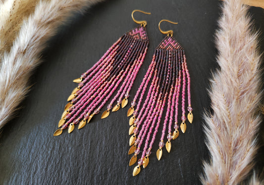 Fringe earrings "Faunus" with tribal-inspired design - purple & pink