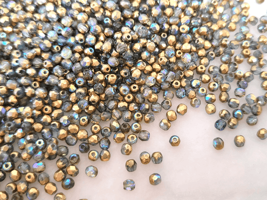3mm fire-polished beads - colorless, gold & blue shine